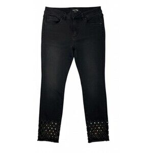 Joseph Ribkoff Jeans Womens 8 Black Rhinestone Ankle Slim Raw Hem Denim Stretch